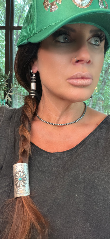 Concho and Turquoise Hand Stamped Braid Keepers 2”
