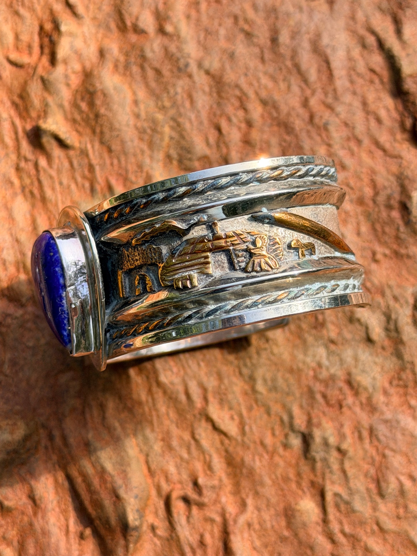 Vintage Navajo Lapis, Gold and Silver Storyteller Cuff