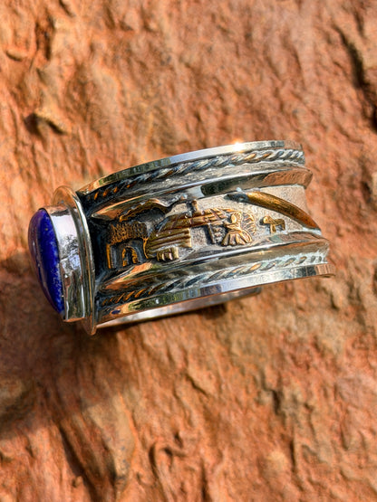 Vintage Navajo Lapis, Gold and Silver Storyteller Cuff