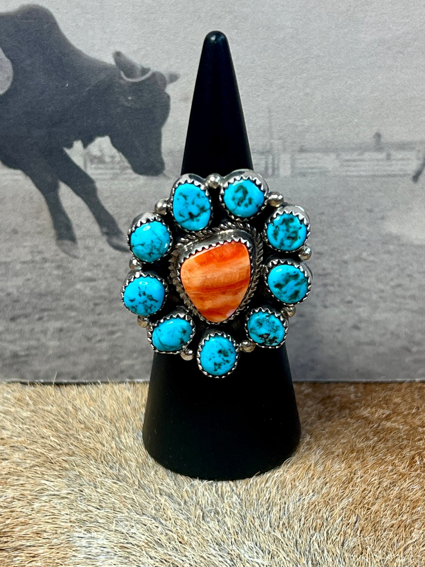 Navajo Cluster Orange Spiny Oyster Kingman Turquoise Sterling Silver