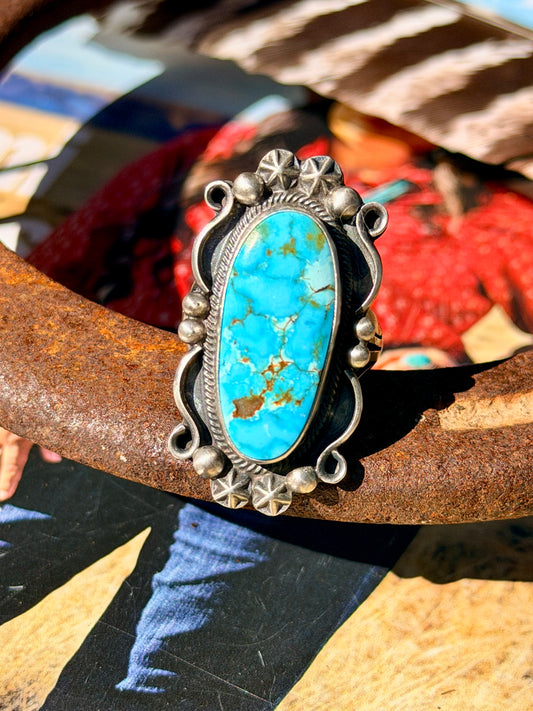 Navajo Made Kingman Turquoise & Sterling Silver Ring Size 7.75