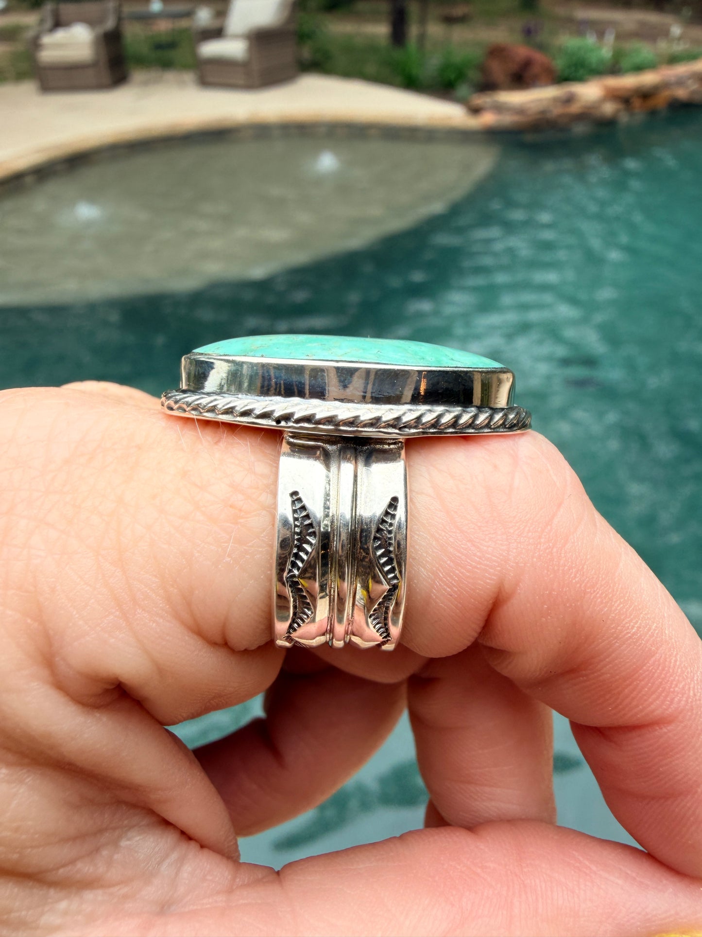 Authentic Native Made Tyrone Turquoise Ring by Ronald Dixson size 7.25