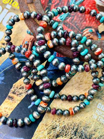Turquoise, Spiny Oyster, 6mm Sterling Silver Stretch Bracelet