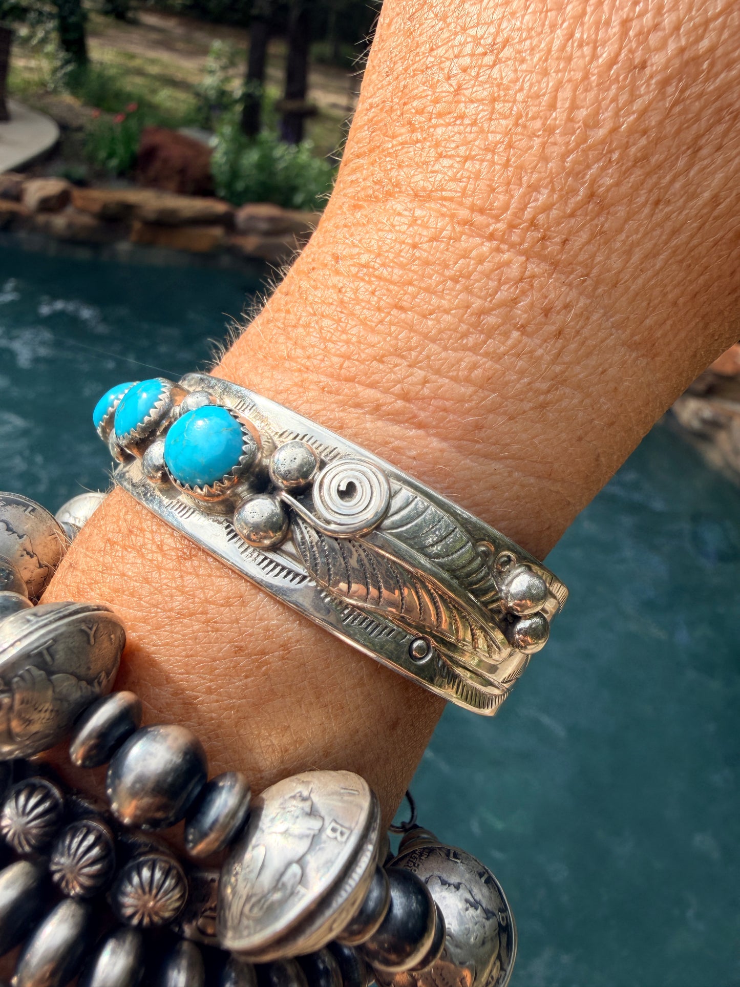Wilbert Myers Sterling Silver & Turquoise Navajo Bracelet with Three Stones