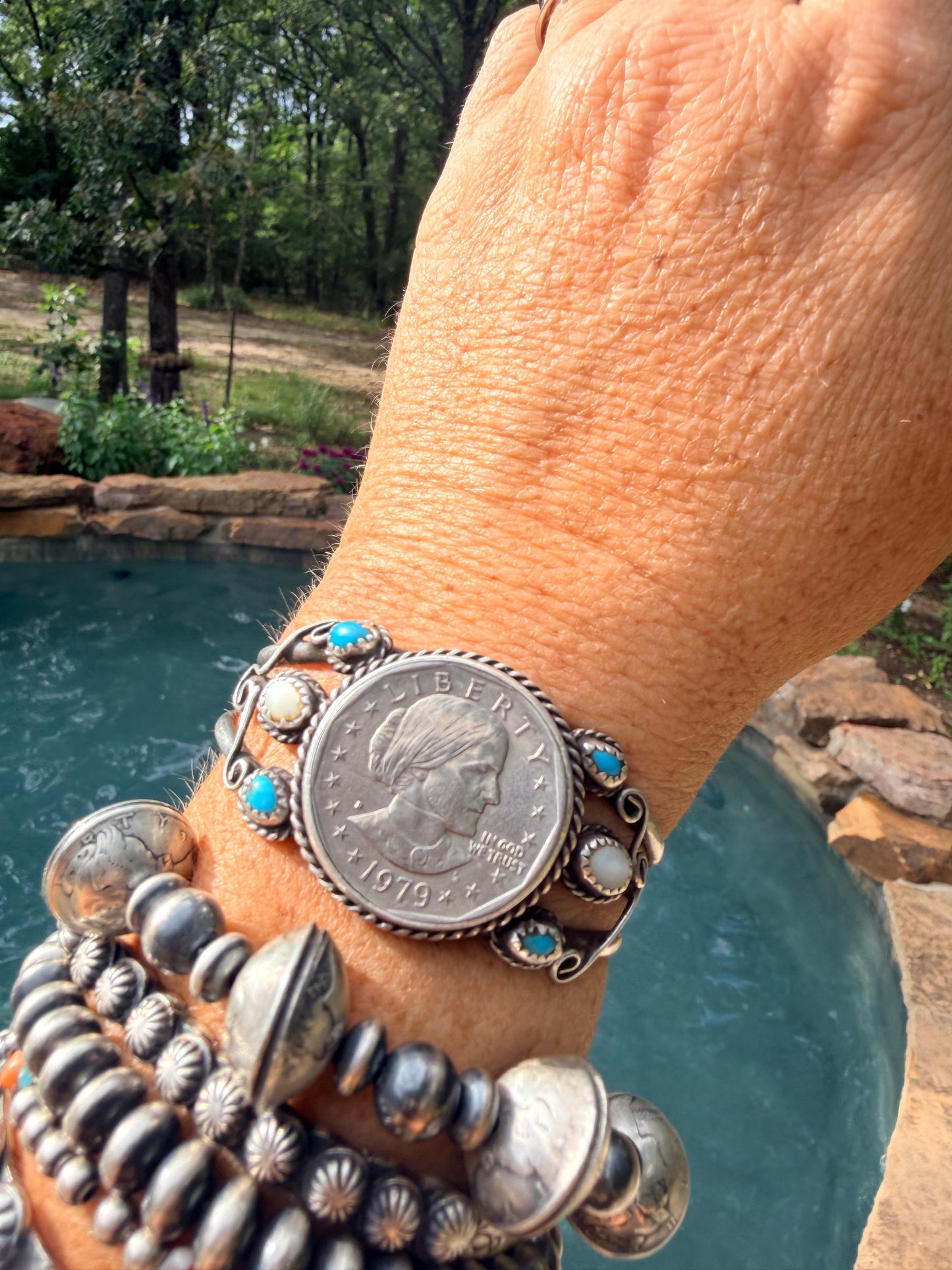Coin Turquoise and Pearl Cuff