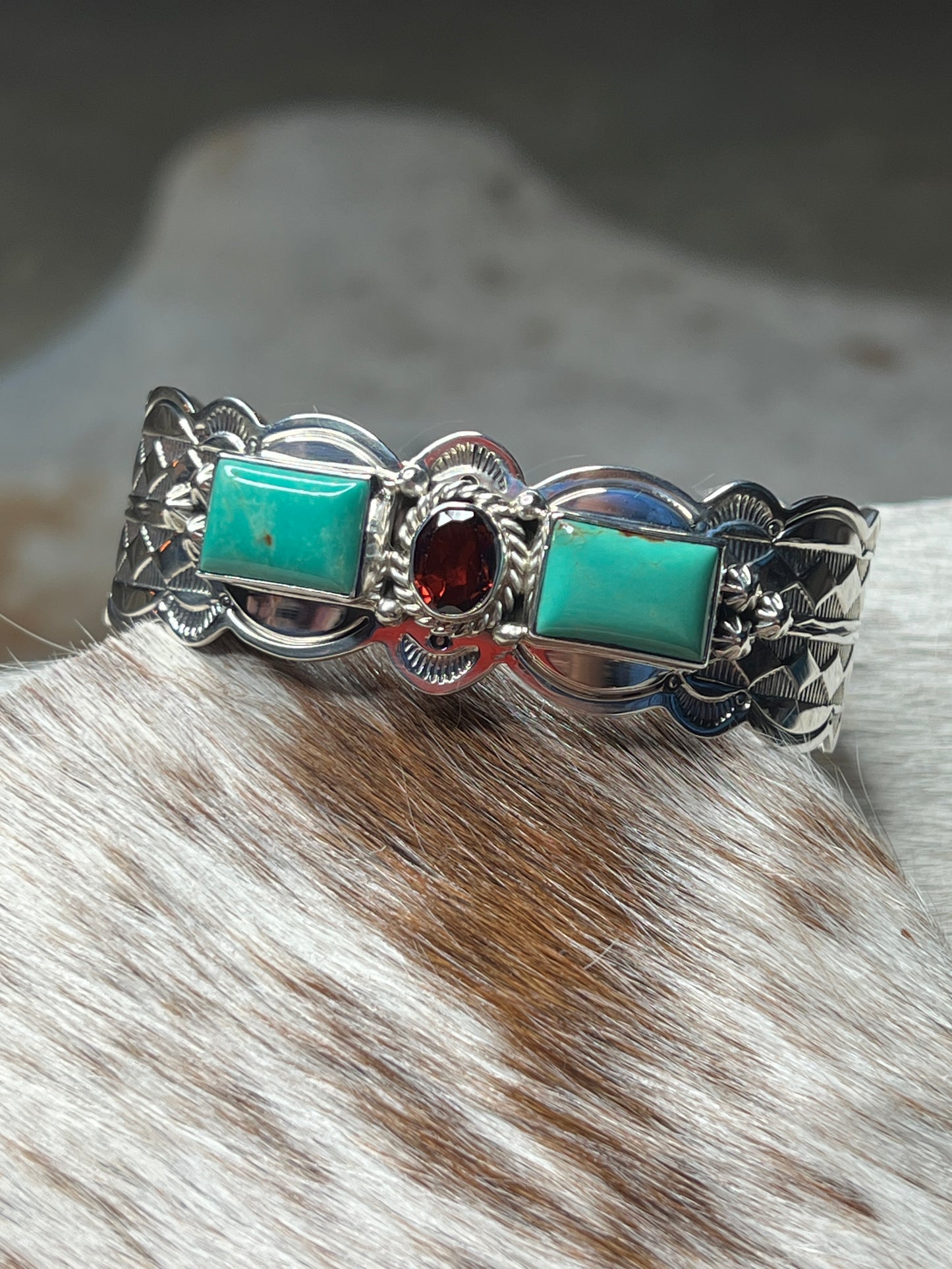 Native Made Turquoise and Garnet Cuff
