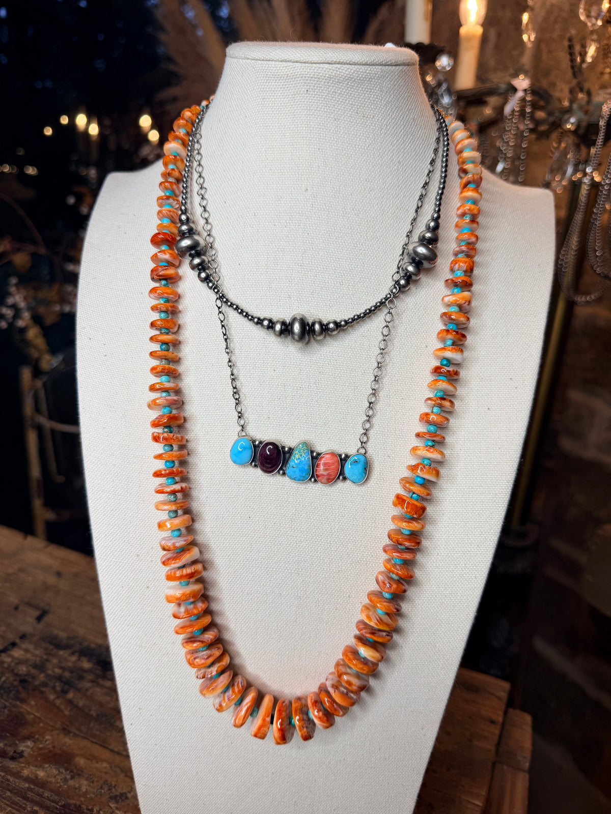 Navajo Handmade Spiny and Turquoise Beaded Necklace by Kimberly Tom 29”
