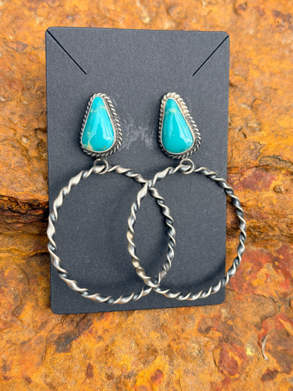 Beautiful Authentic Turquoise and Twisted Hoop Post Earrings