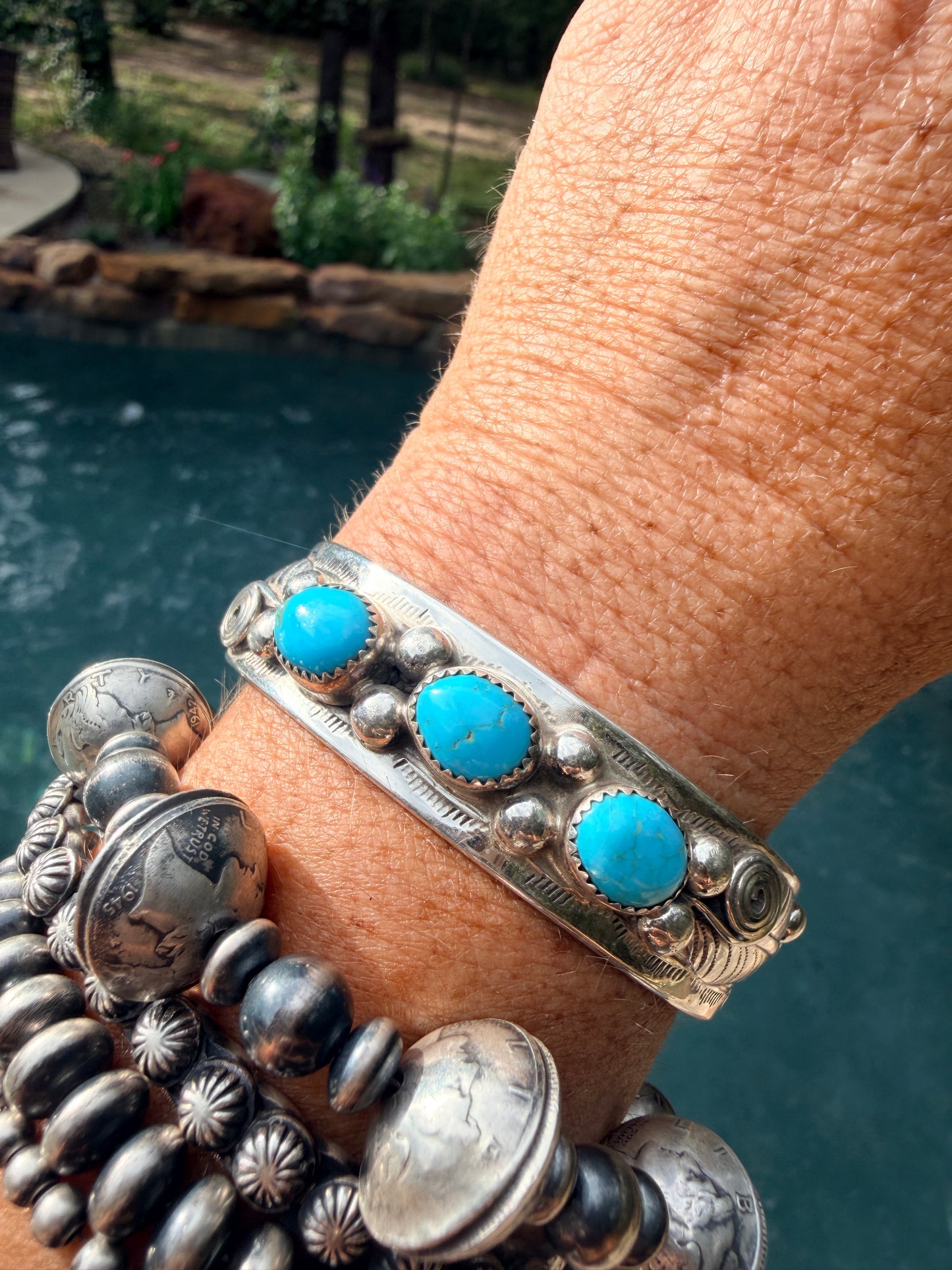 Wilbert Myers Sterling Silver & Turquoise Navajo Bracelet with Three Stones