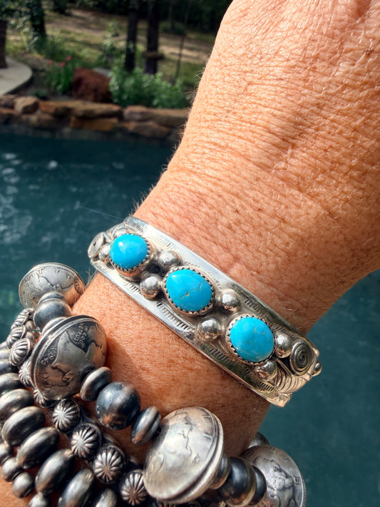 Wilbert Myers Sterling Silver & Turquoise Navajo Bracelet with Three Stones