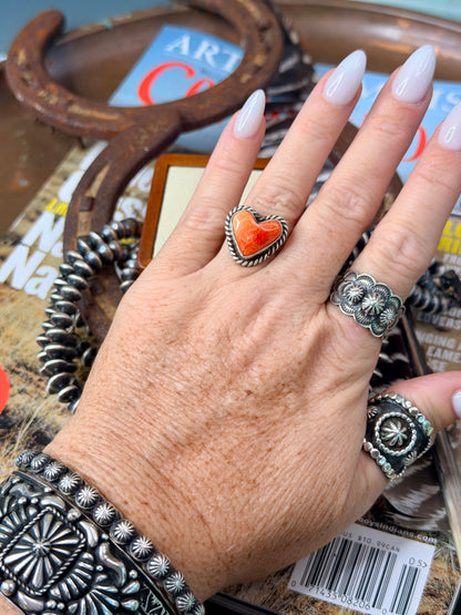 Authentic Adjustable Native Made Orange Spiny Oyster Heart Ring By C. Belone