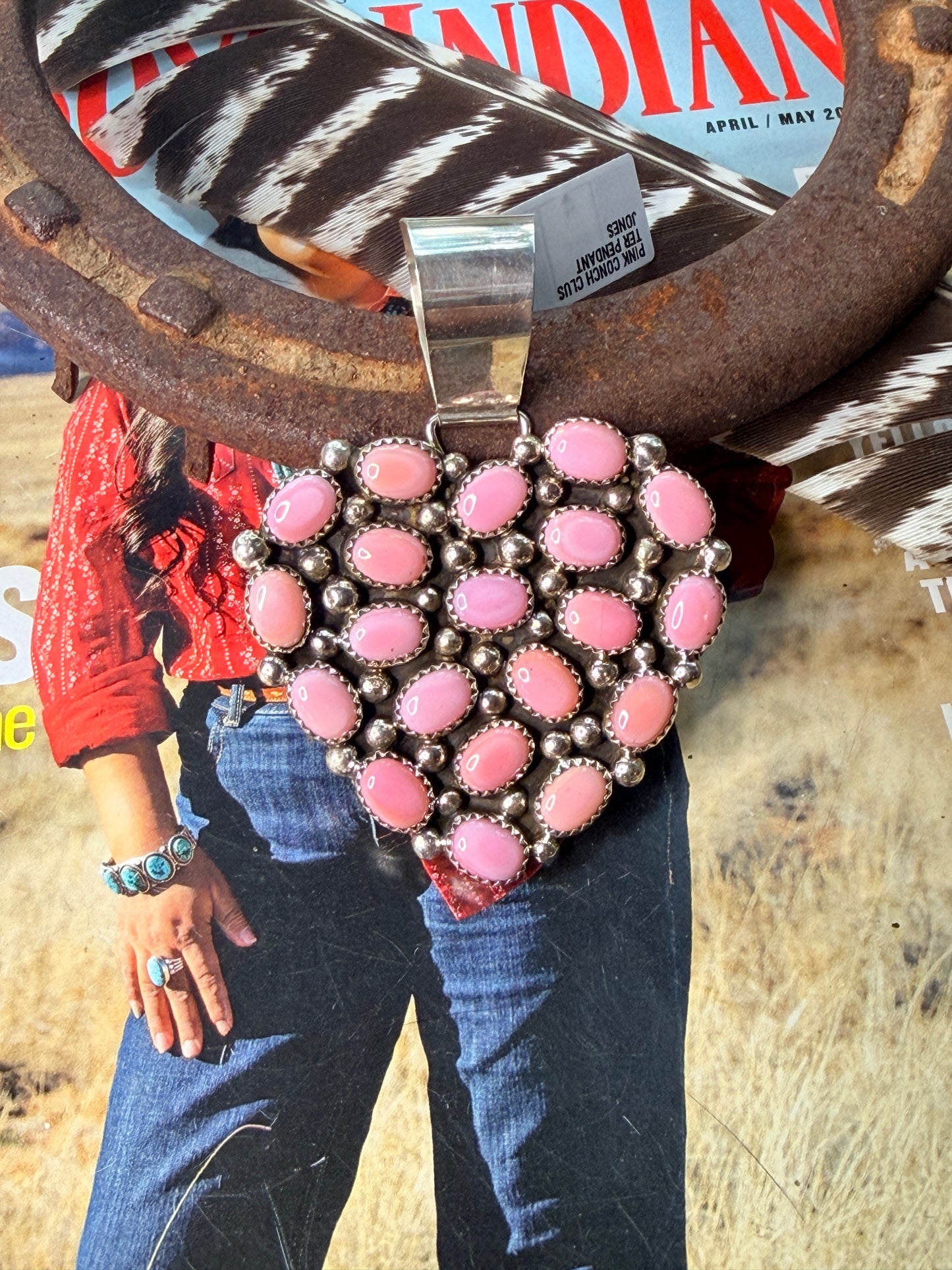 Native Made Large Pink Conch Cluster Heart Pendant