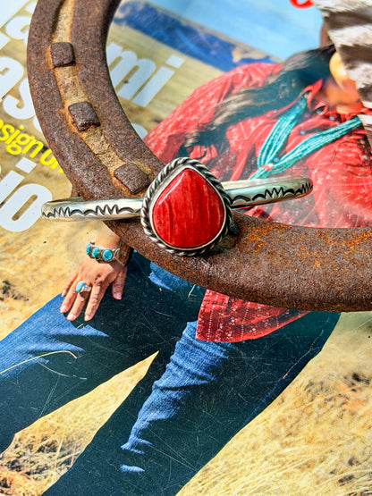 Native Made Red Spiny Tear Drop Cuff by Dixon