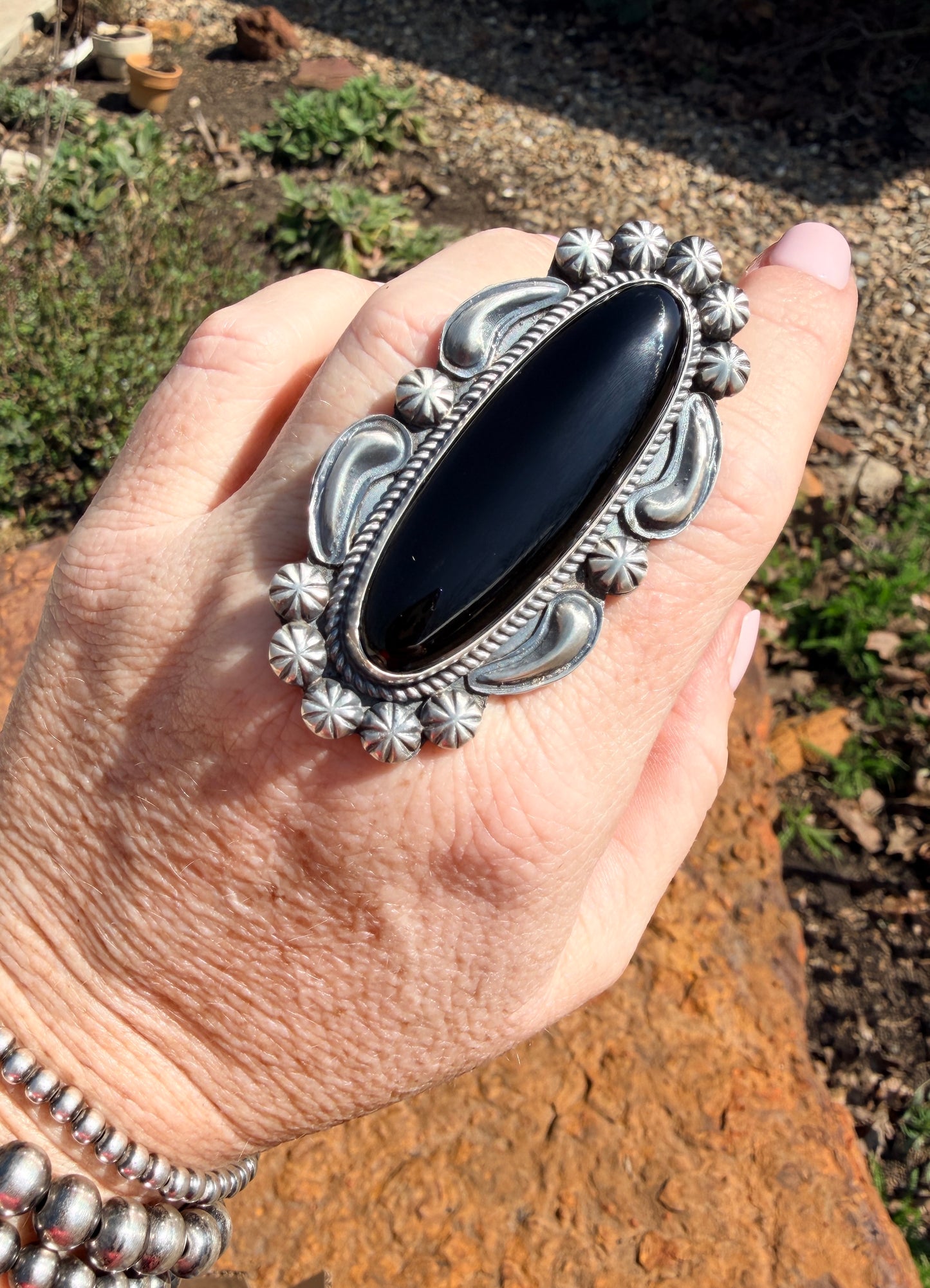 Giant Native Made Black Onyx & Sterling Silver Ring by Jeff James Jr