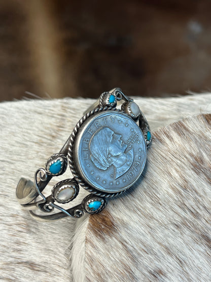 Coin Turquoise and Pearl Cuff
