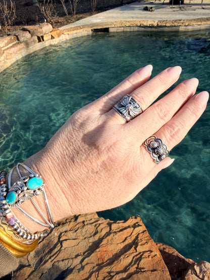 Delayne Reeves Handmade Navajo Sterling Silver Wide Band Ring Thunderbird size 6.5