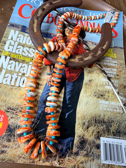 Navajo Handmade Spiny and Turquoise Beaded Necklace by Kimberly Tom 29”
