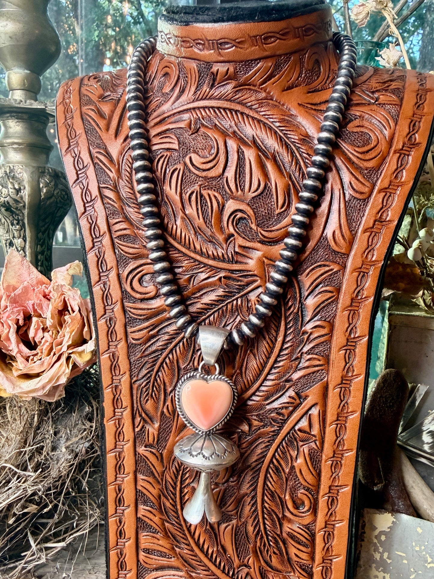 Native Made Queen Pink Conch Heart Blossom Pendant by Jon McCray