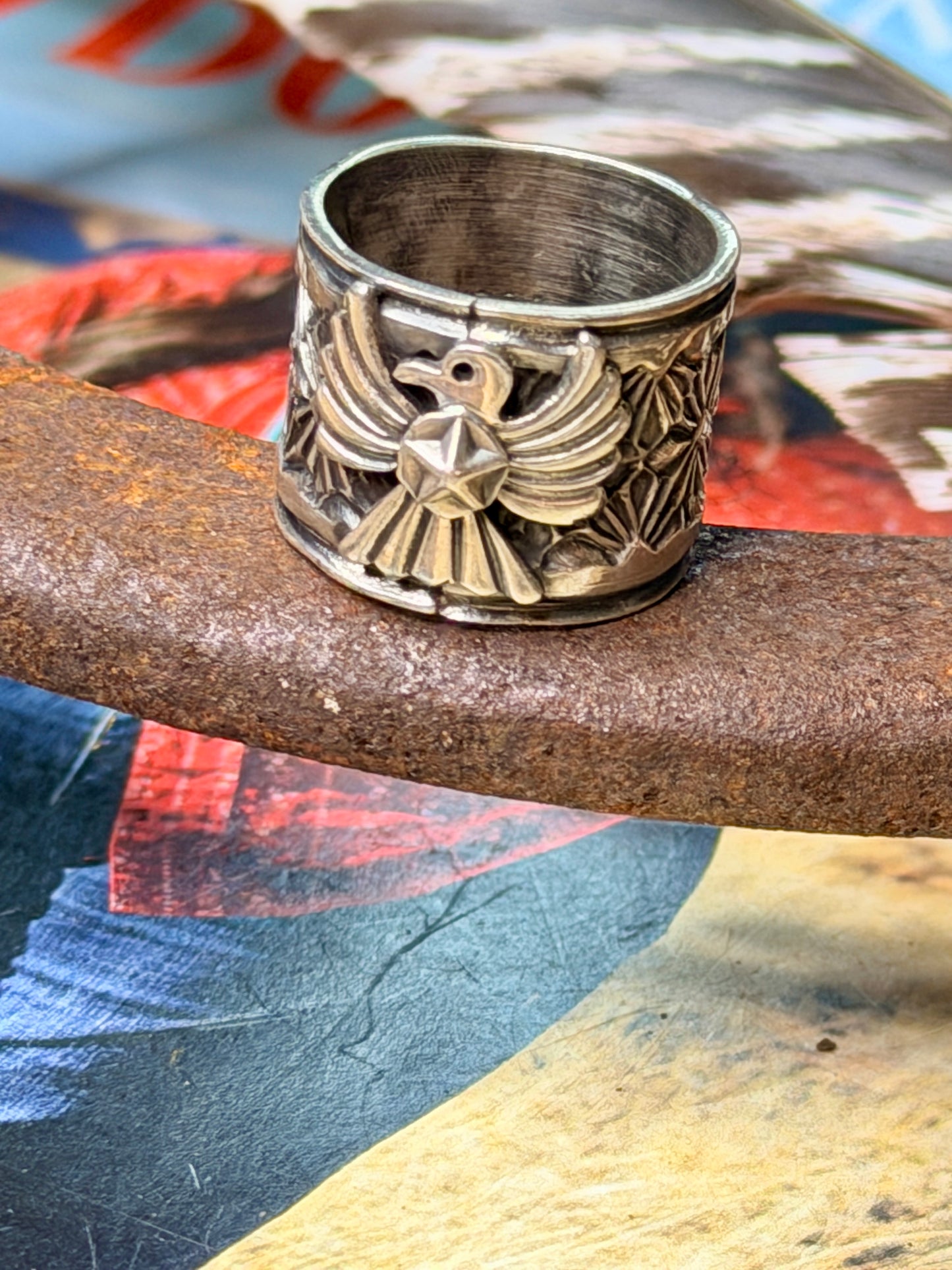 Delayne Reeves Handmade Navajo Sterling Silver Wide Band Ring Thunderbird size 6.5