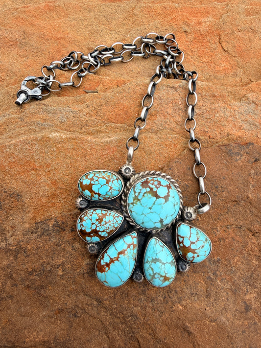 Authentic Native Made 18” Mine Number 8 Turquoise Cluster Necklace by Augustine Largo