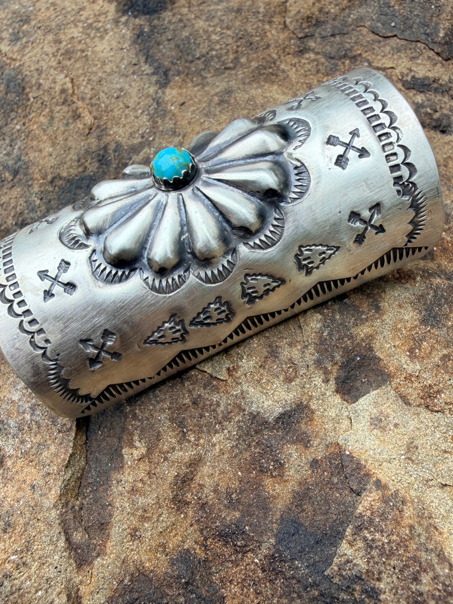 Concho and Turquoise Hand Stamped Braid Keepers 2”