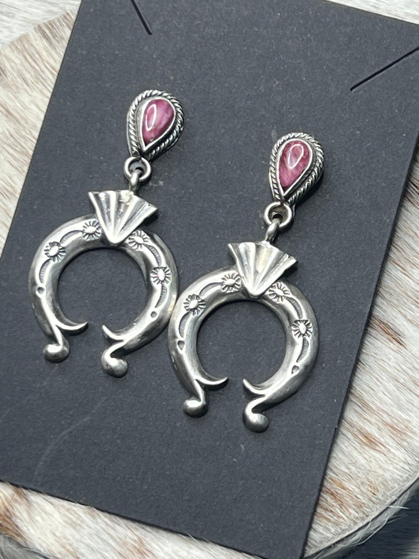 Handmade by Adrienne Gordon Sterling Silver Stamped Naja & Purple Spiny Post Dangle Earrings