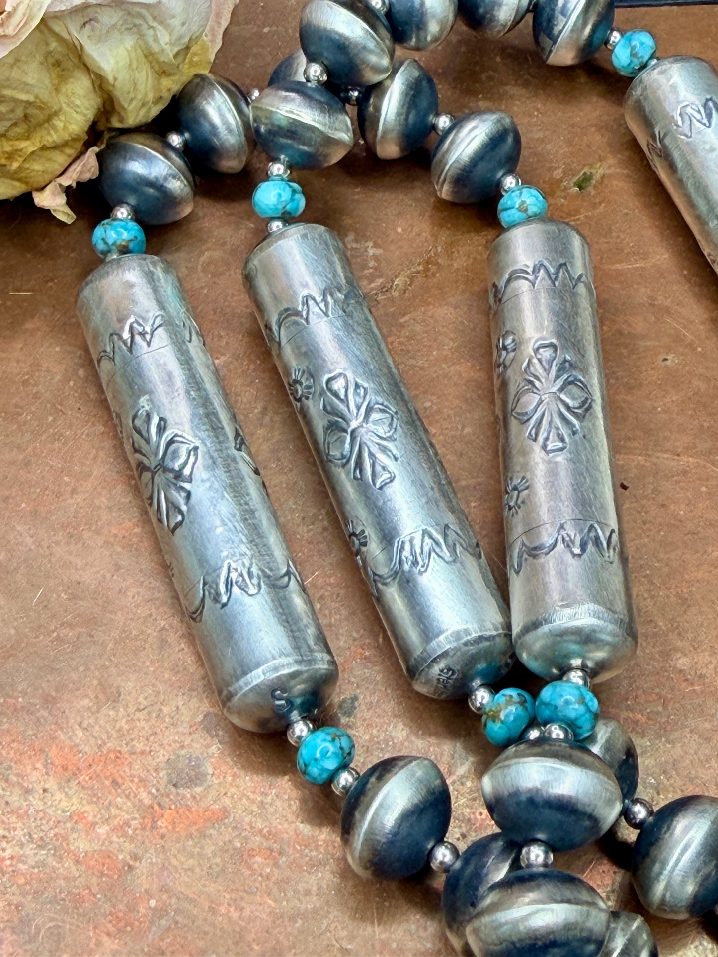 Sharon Cooley 30” Handmade, Handstamped Navajo Pearl Necklace and Earring Set