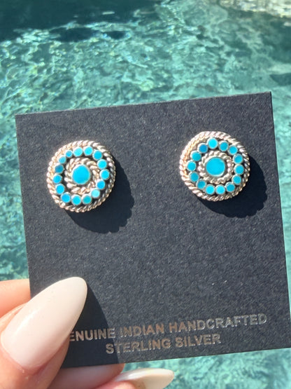 Native American, Zuni, Sterling Silver Kingman Turquoise Flush Inlay Button Earrings