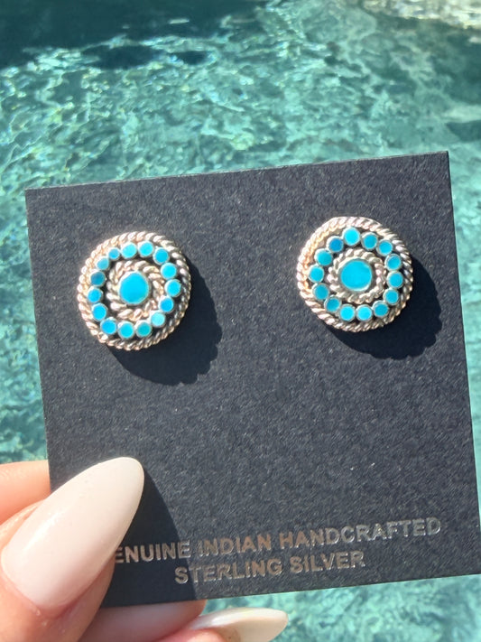 Native American, Zuni, Sterling Silver Kingman Turquoise Flush Inlay Button Earrings
