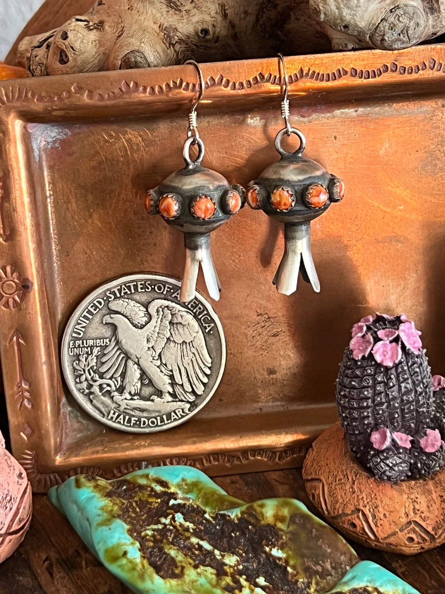 Authentic Orange Spiny Squash Blossom Earrings by Monica Smith