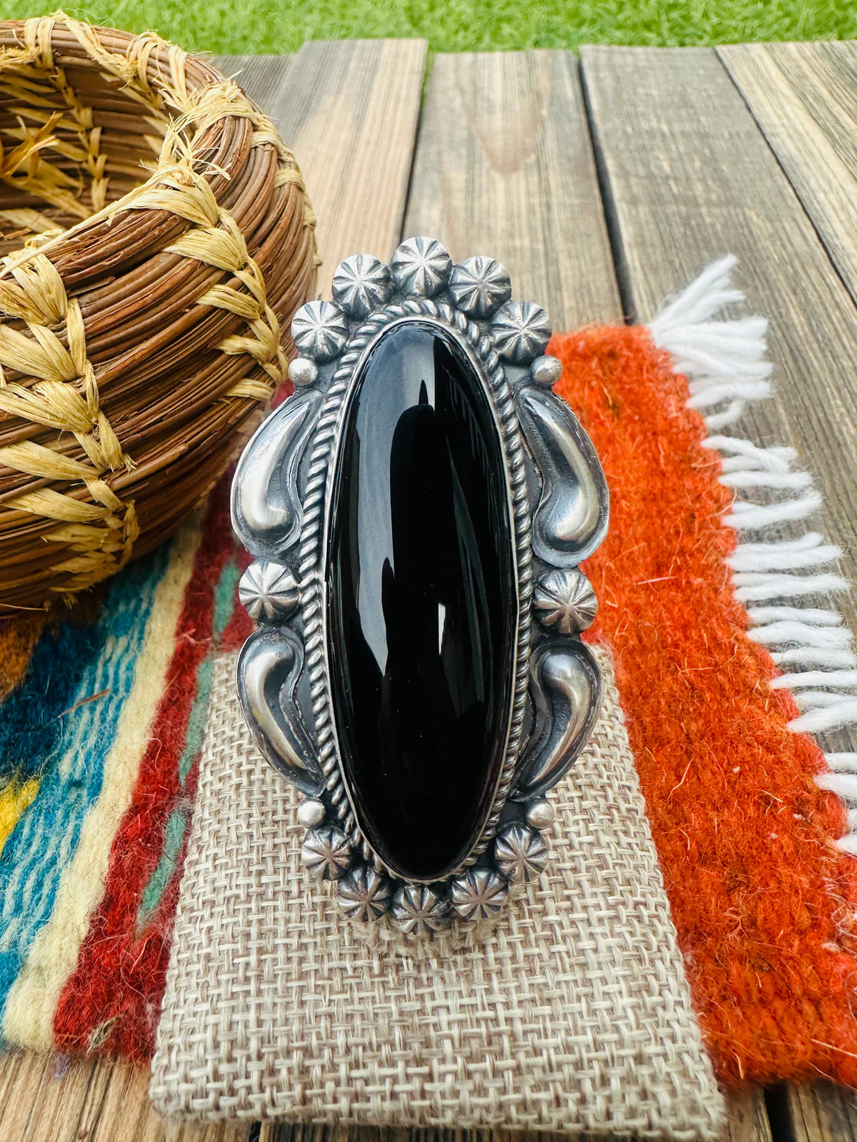 Giant Native Made Black Onyx & Sterling Silver Ring by Jeff James Jr