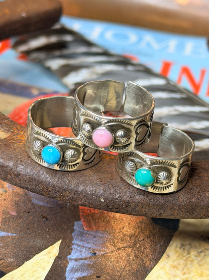 Navajo Made Freddy Platero Silver Heart and Stone Finger Band Cuff Ring Adjustable