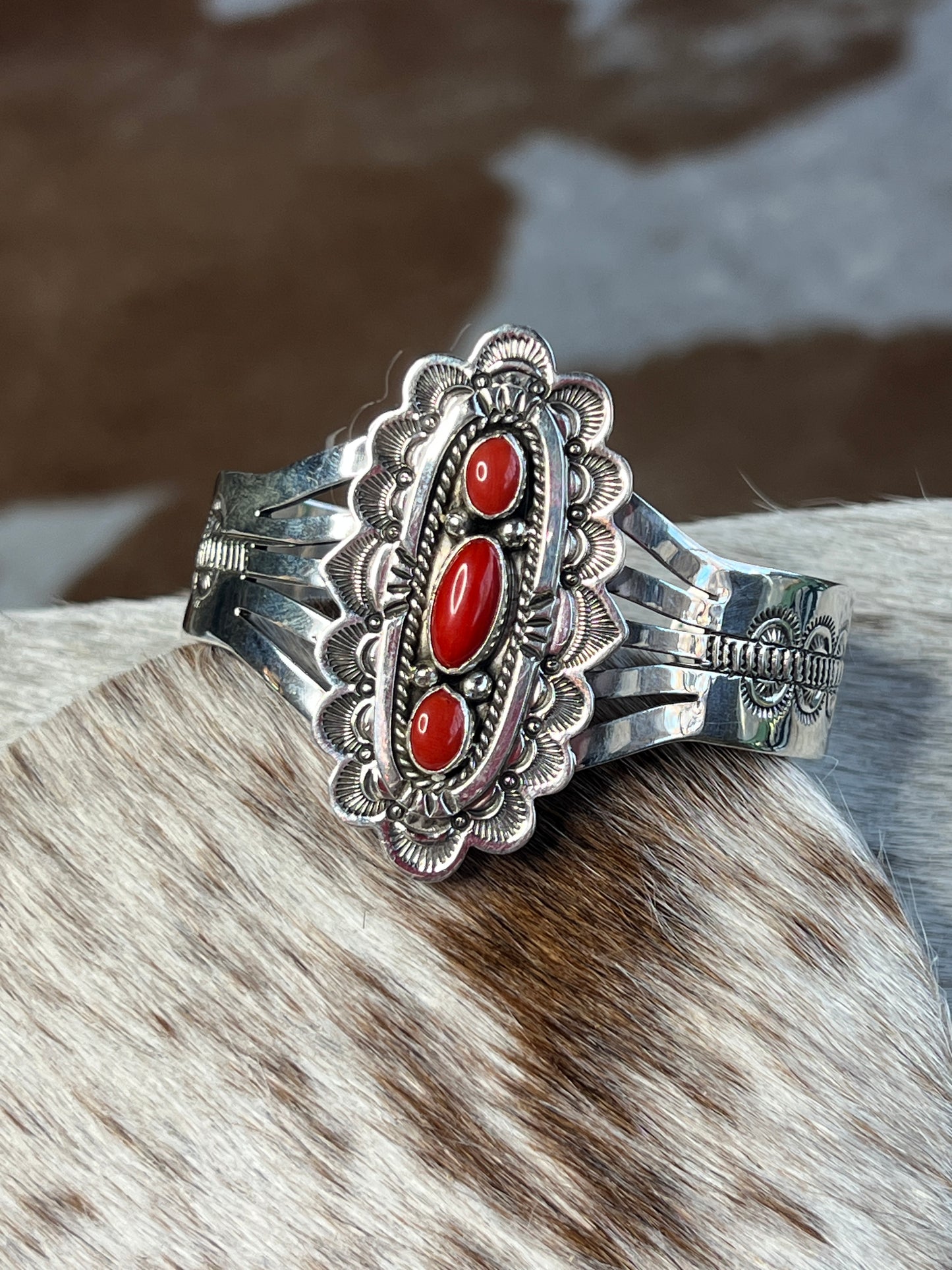 Native Made Silver & Coral Handstamped Cuff by Eula Wylie