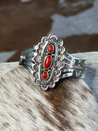 Native Made Silver & Coral Handstamped Cuff by Eula Wylie