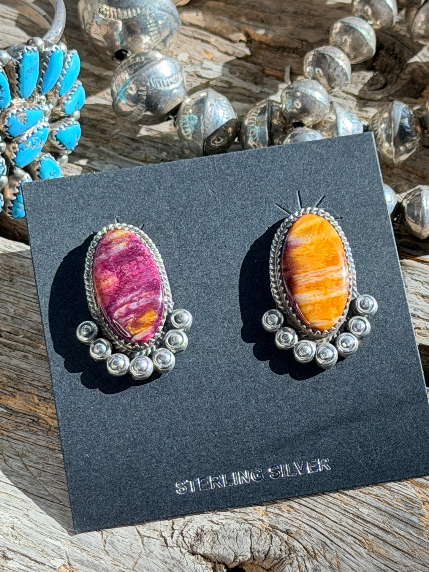 Authentic Phillip Yazzie Navajo Sterling Spiny Oyster Earrings