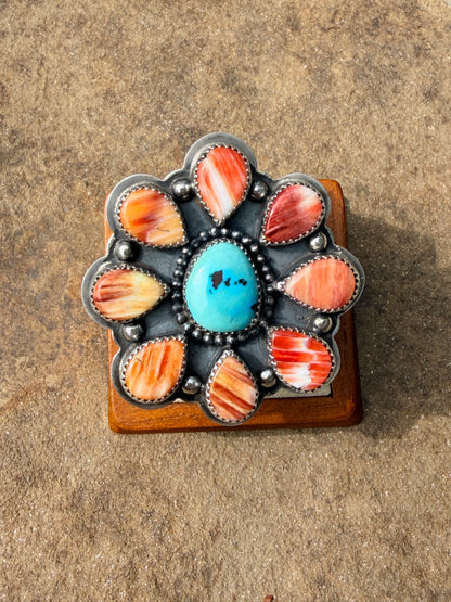 Navajo Made Multi Stone & Sterling Silver Cluster Adjustable Ring