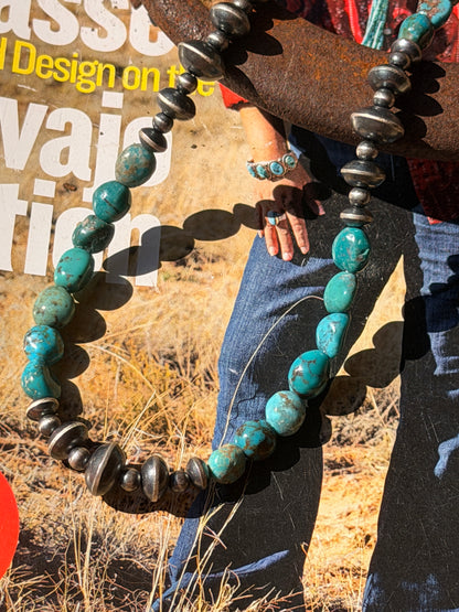 Cloud Mountain Turquoise Necklace with Sterling Silver Beads  18”