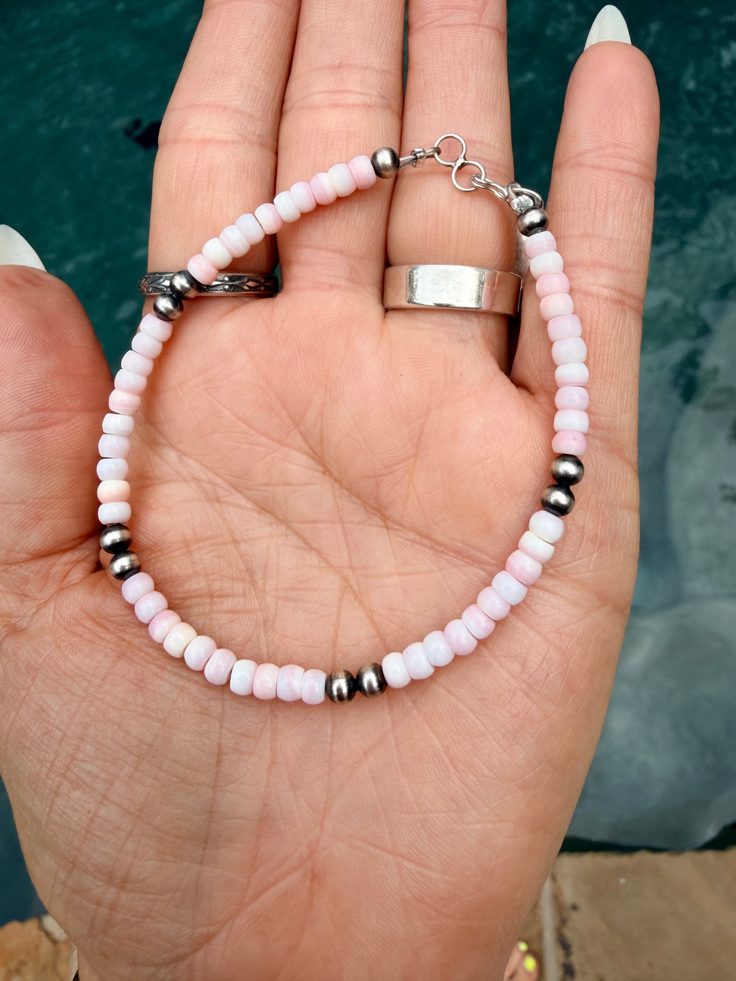 Native Made Sterling Silver Pink Conch Shell & Pearl Beaded Bracelet