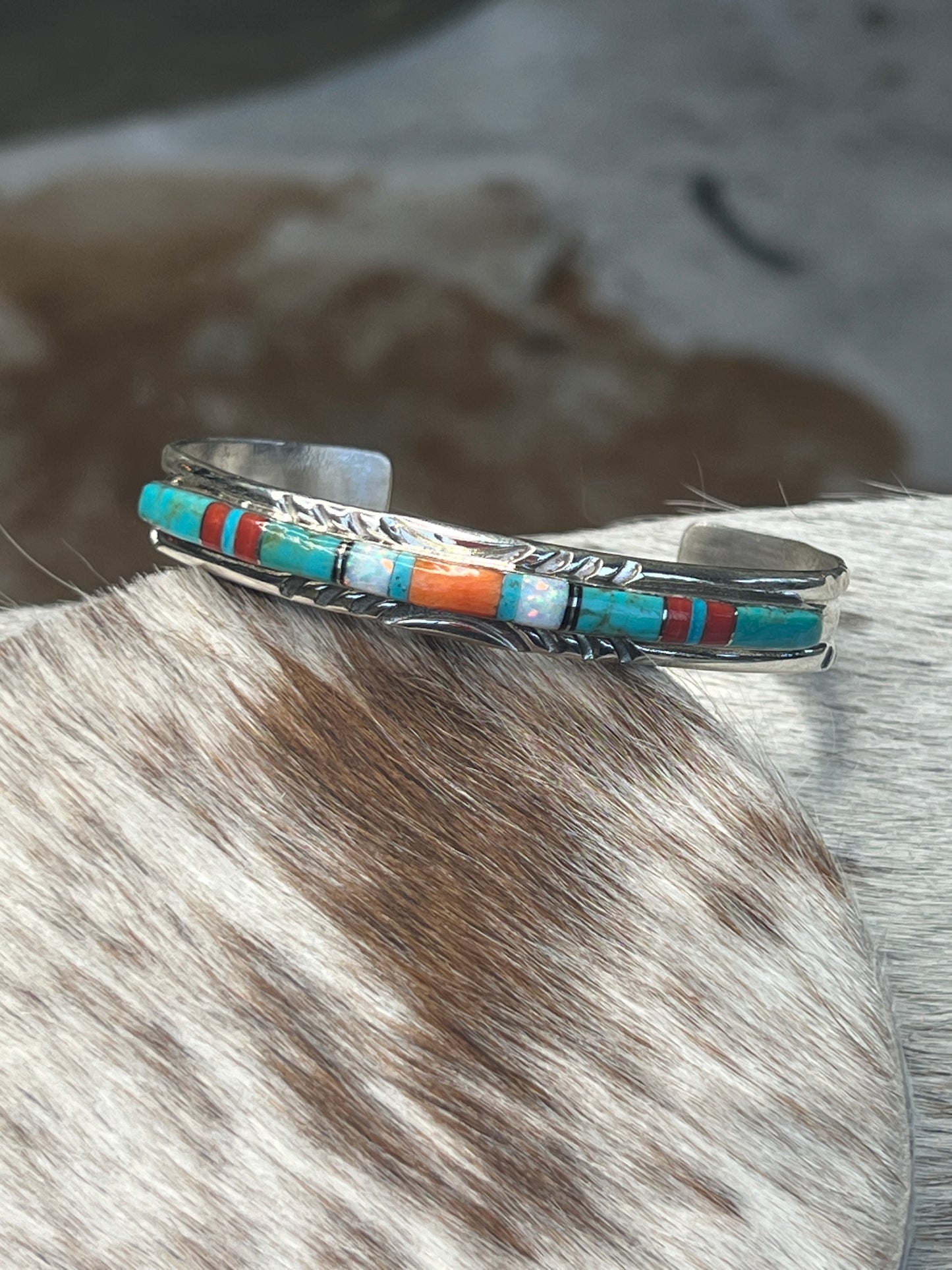 Native Made Multi-Color Stone Inlay Cuff By Mary Lincoln