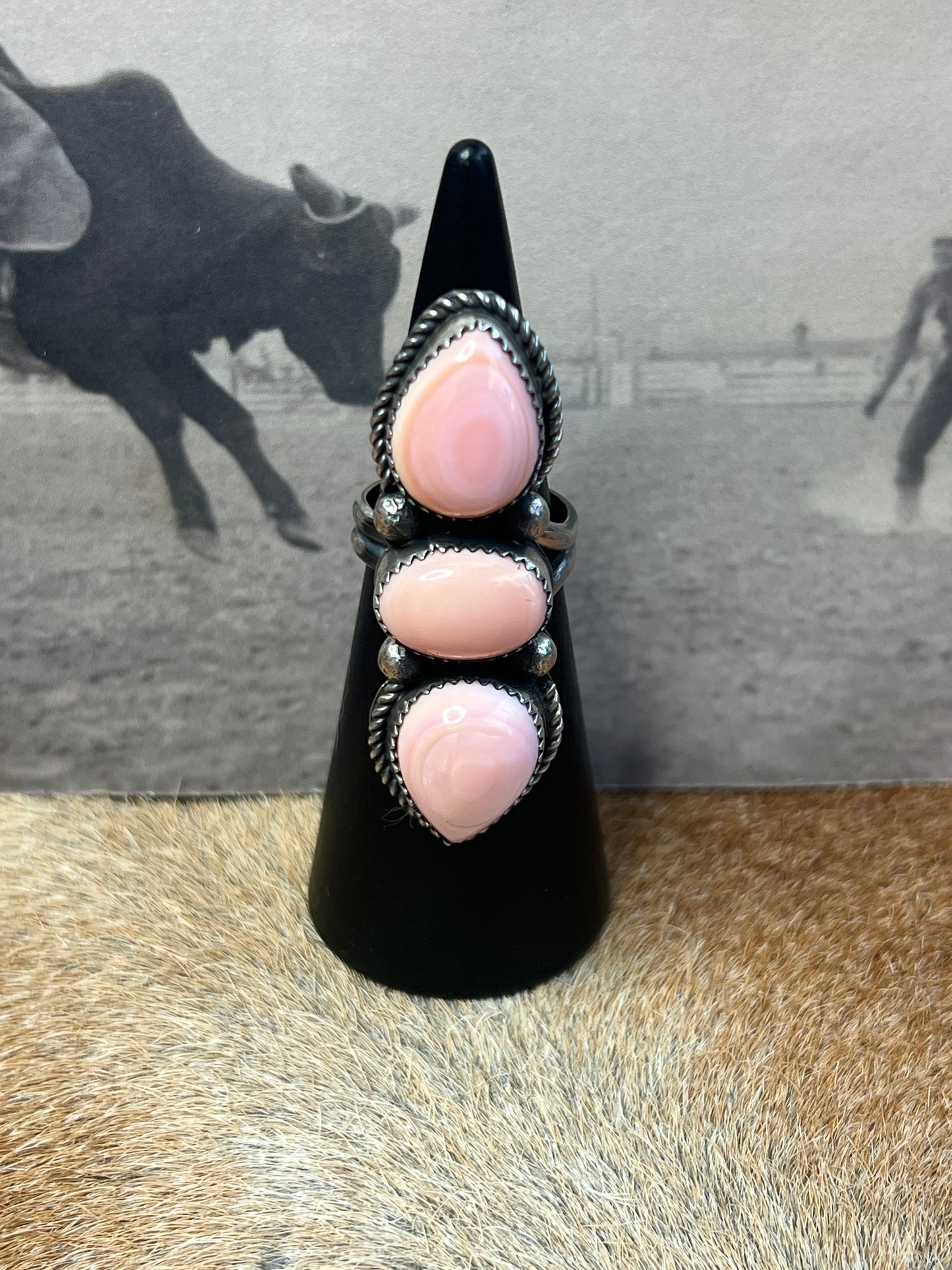 Native Made Queen Pink Conch and Sterling Silver Adjustable Ring by Tia Long