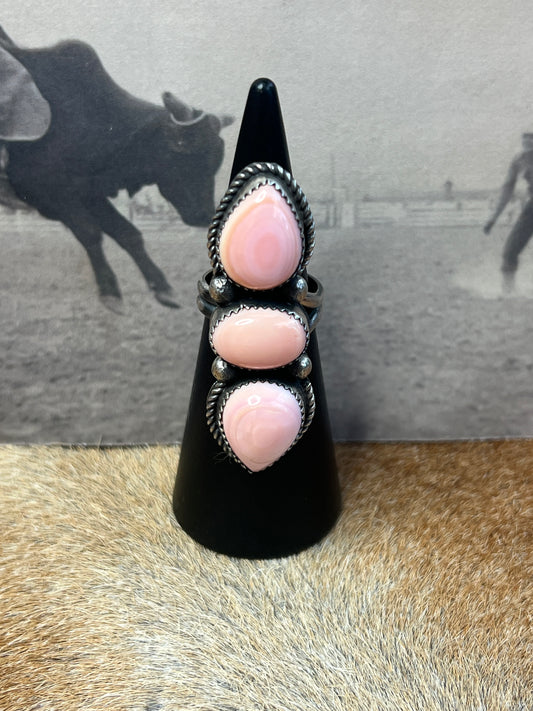 Native Made Queen Pink Conch and Sterling Silver Adjustable Ring by Tia Long