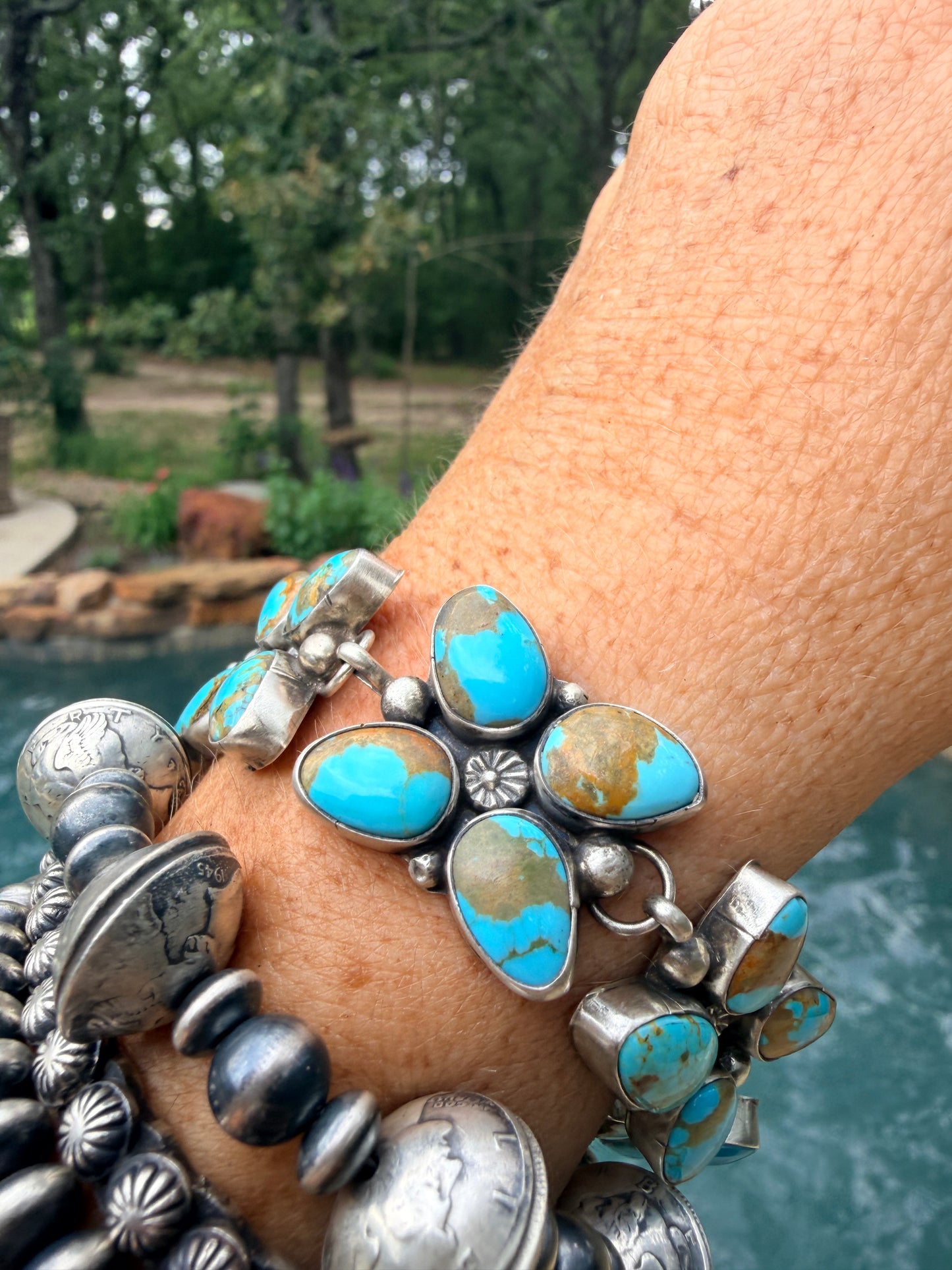 Native Made 20 stones, 5 clusters with Sterling Silver Beading and Starbust Bracelet