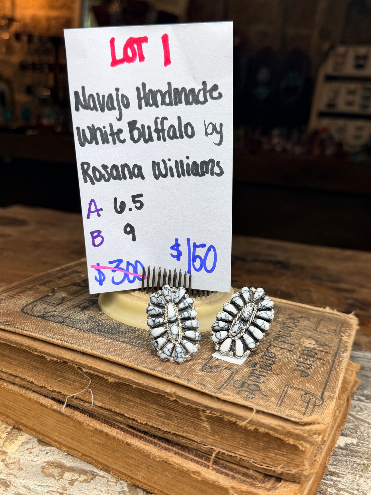 Lot 1- Navajo Handmade White Buffalo Ring by Rosana Williams size 6