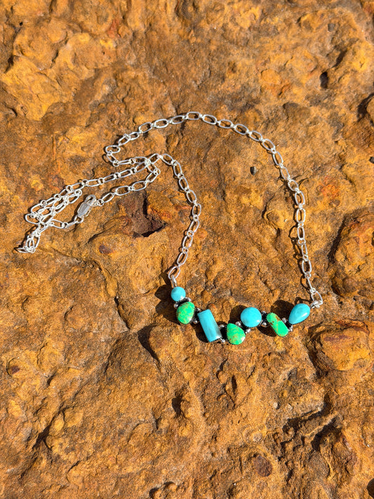 Striking Navajo Green and Bright Blue Turquoise Sterling Silver Necklace by David Lopez