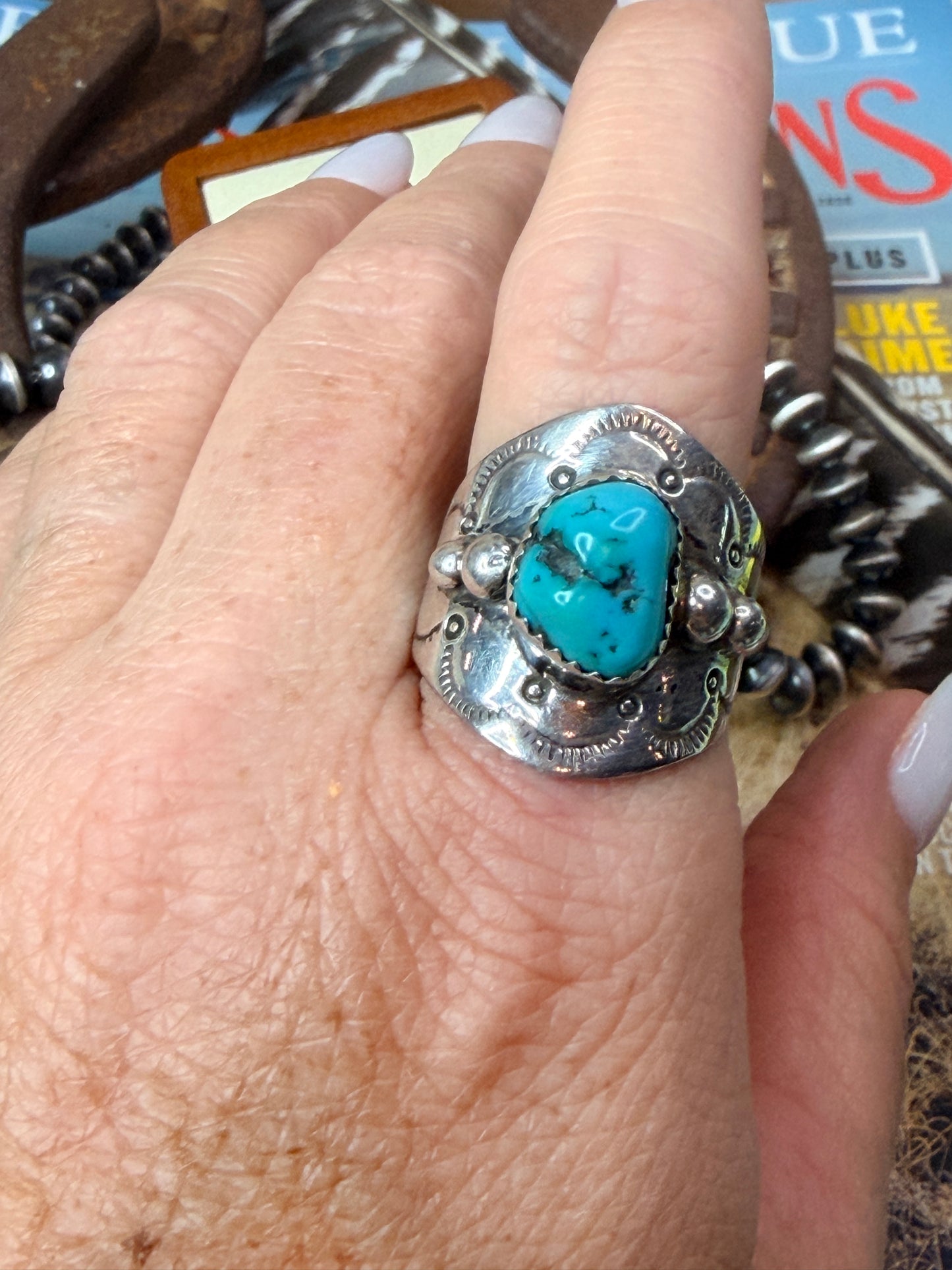 Native Made Vintage Chunky Turquoise Ring size 10