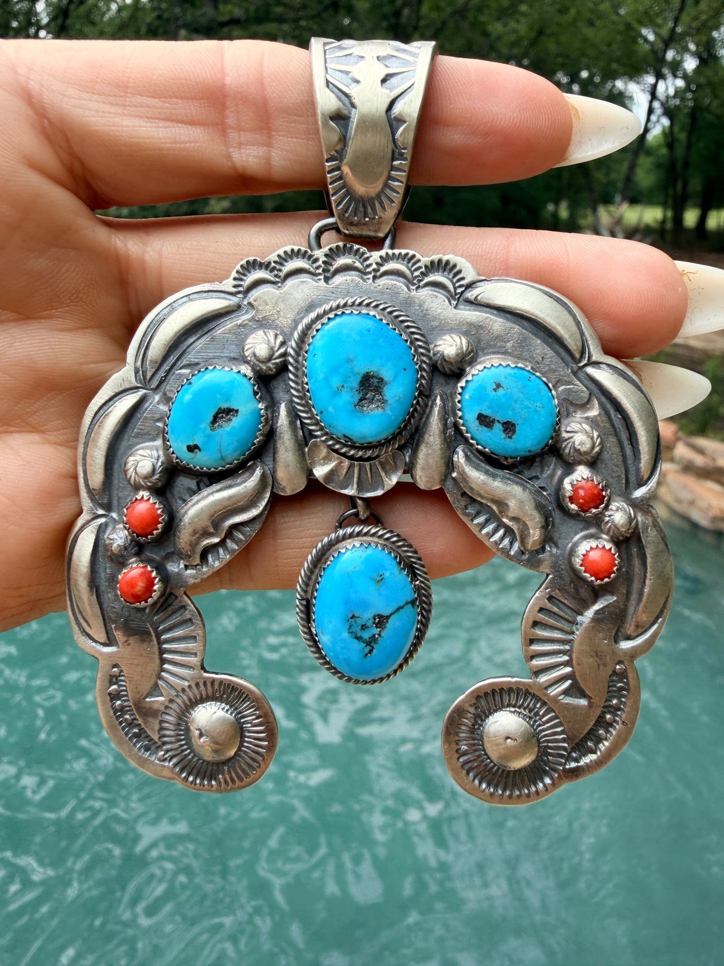 Richard Yazza Sleeping Beauty, Mediterranean Coral & Sterling Silver Naja Pendant