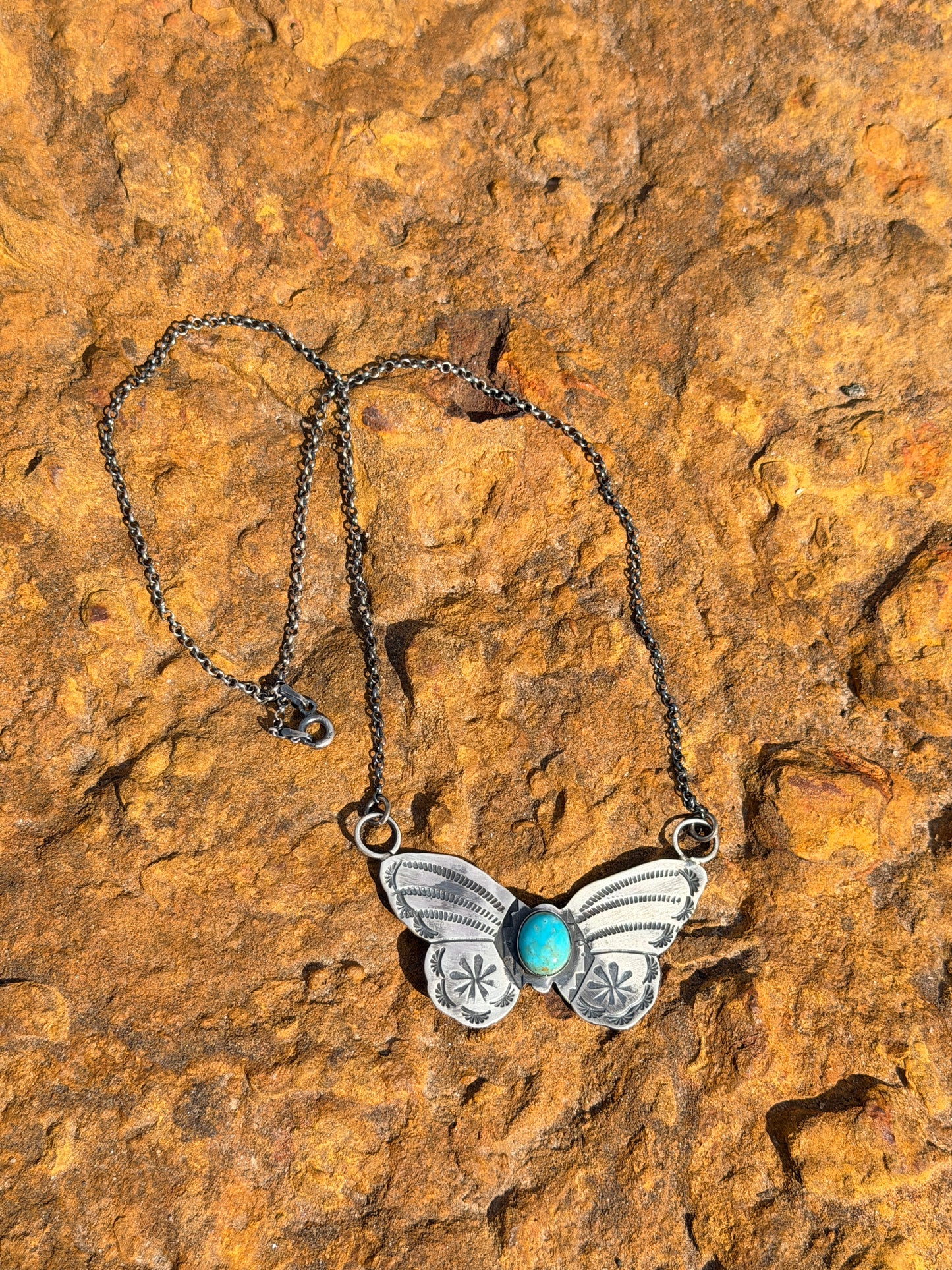 Native American Navajo Sterling Silver Kingman Turquoise Butterfly Necklace By Rick Enriquez.