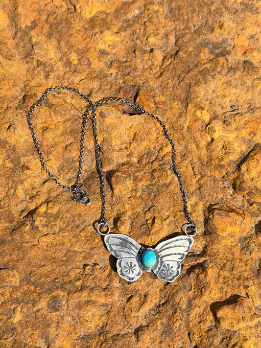 Native American Navajo Sterling Silver Kingman Turquoise Butterfly Necklace By Rick Enriquez.