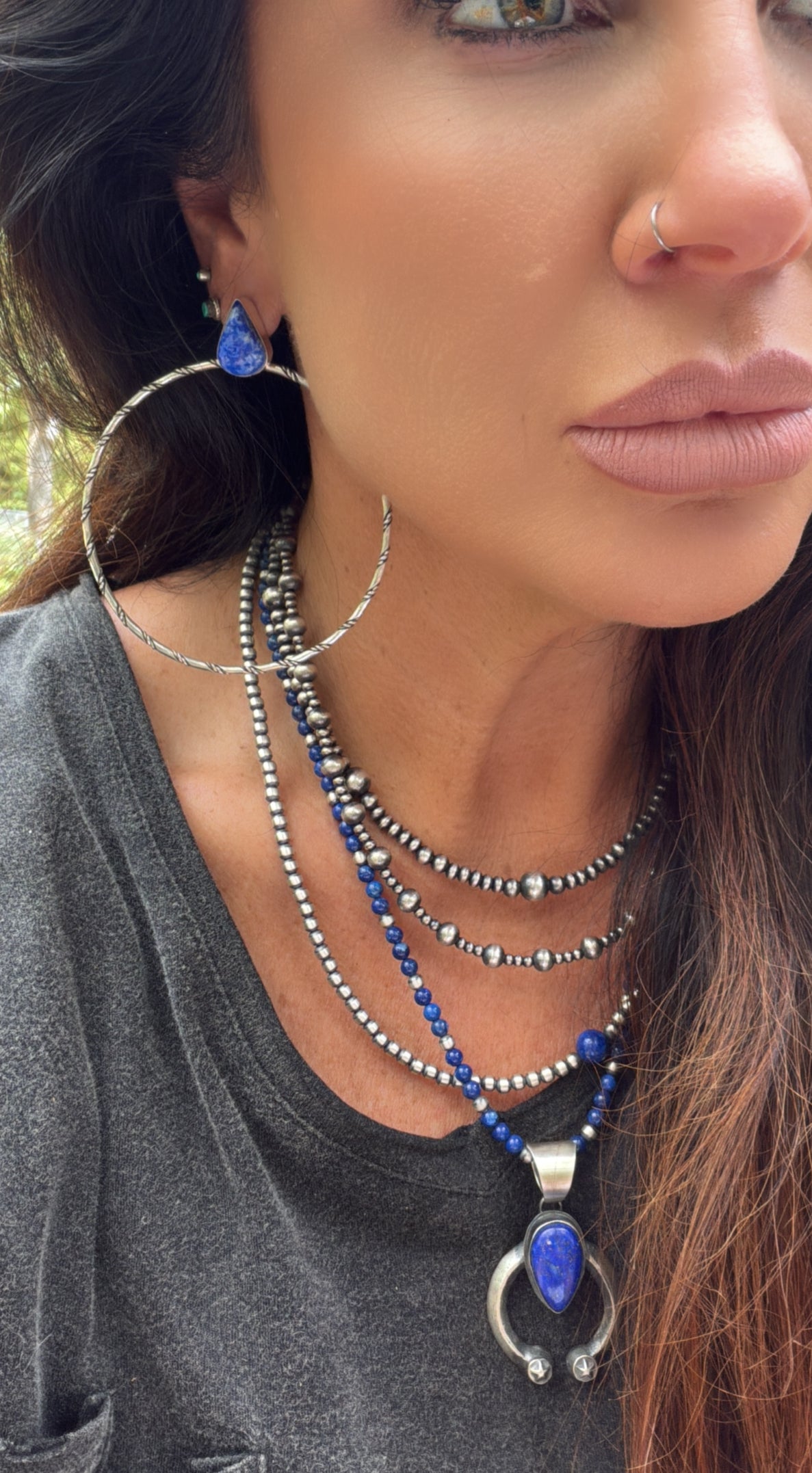 Authentic Navajo Lapis and Sterling Silver Hoops