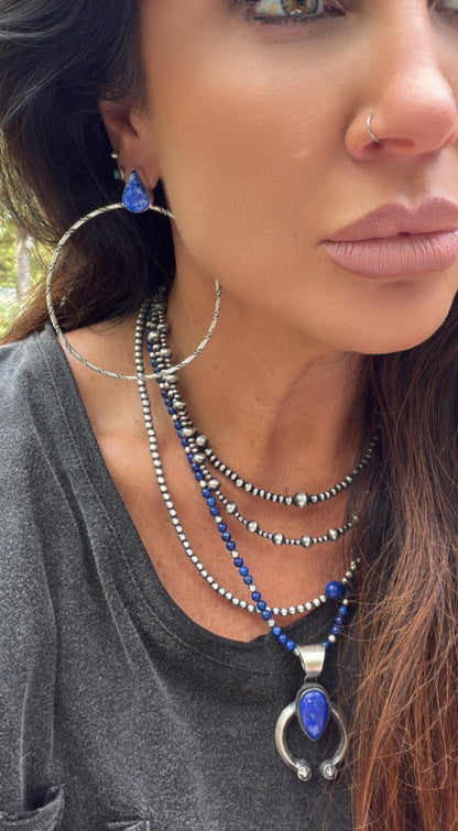 Authentic Navajo Lapis and Sterling Silver Hoops